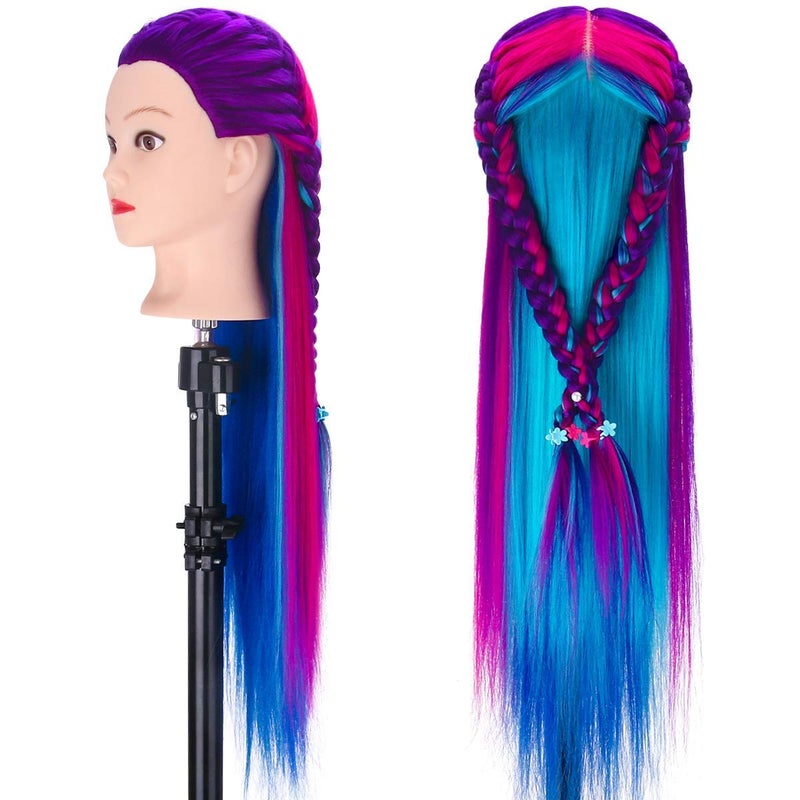 MYSWEETY 28" Mannequin Head With Hair - Styling Training Manikin Cosmetology Doll Synthetic Fiber Hair, Table Clamp & Braiding Kit - Purple - Image 3